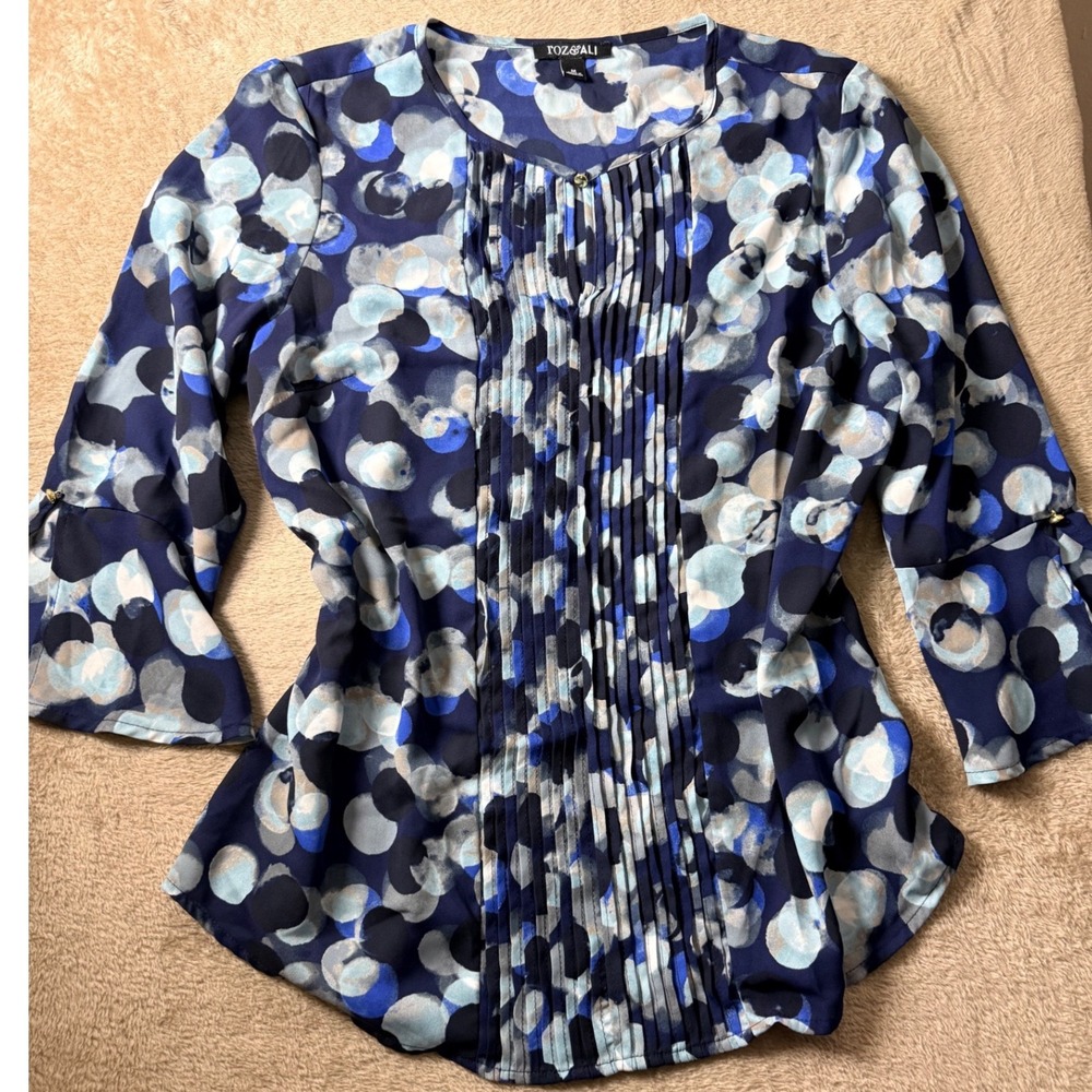 Roz & Ali Blue Abstract Dot Pleated Front Blouse  Size M Mod Retro